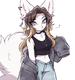 anthro big_tail black_choker black_clothing black_crop_top black_eyebrows black_jewelry black_necklace black_nose black_shirt black_topwear blonde_hair blue_bottomwear blue_clothing blue_pants bottomwear brown_hair cheek_tuft chest_tuft choker clothed clothing crop_top denim denim_bottomwear denim_clothing ear_piercing eyebrows eyelashes facial_tuft female fur grey_eyes hair jacket jeans jewelry long_hair midriff multicolored_hair navel necklace open_clothing open_jacket open_topwear pants piercing pupils question_mark shirt simple_background small_waist solo tail topwear tuft two_tone_hair white_background white_body white_fur white_pupils 3rdperson_iz domestic_cat felid feline felis mammal colored digital_drawing_(artwork) digital_media_(artwork) hi_res shaded