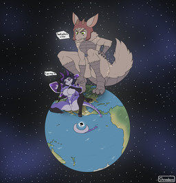 3_fingers 3_toes 4_arms 4_wings 5_fingers antennae_(anatomy) anthro armor back_wings big_breasts big_head black_hole black_sclera breasts claws cracked_ground cracks crouching dialogue duo earth feet female female_anthro fingers foot_in_water fur green_eyes grey_body grey_claws grey_fur grey_tail grey_talons hand_on_hip hand_on_own_hip headgear headgear_only helmet helmet_only larger_anthro larger_male looking_at_another macro macro_anthro macro_female macro_male male male_anthro moon_pattern multi_arm multi_limb multi_wing nude nude_anthro nude_female nude_macro pink_eyes planet purple_antennae purple_body purple_fur purple_tail purple_wings red_helmet sitting size_difference smaller_anthro smaller_female smaller_nude space star tail talon_hands terra_macro toes white_body white_breasts white_fur wings shnedem~ octavia_darkstar_(davjo) stinom_(shnedem) arthropod insect kobold lepidopteran moth scalie absurd_res hi_res signature