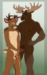 abs anthro antlers assisted_peeing balls bodily_fluids brown_body brown_fur circumcised darkened_genitalia duo flaccid fur genital_fluids genitals hand_on_hip hand_on_shoulder holding_another's_penis holding_own_penis holding_penis horn humanoid_genitalia humanoid_penis male male/male male_peeing navel nipples peeing peeing_together penis standing thick_penis urine urine_stream watersports holly_marie_ogburn dasher_whitetail deer mammal moose new_world_deer