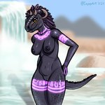 1:1 2024 absurd_res akh-jia_(thestellarsden) anthro areola argonian bethesda_softworks big_breasts black_areola black_body black_nipples black_scales breasts cayugo detailed_background digital_media_(artwork) feather_hair feathers female fingers genitals glowing glowing_tattoo hand_on_hip hi_res horn lizard looking_at_viewer mountain navel nipples non-mammal_breasts nude outside pseudo_hair purple_body purple_feathers pussy reptile rock scales scalie scar signature smile solo tail tattoo the_elder_scrolls water waterfall yellow_eyes