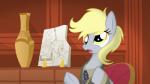 blonde_hair clothing female fur grey_body grey_fur hair melee_weapon necktie parody polearm solo spear suit vase weapon yellow_eyes goatanimedatingsim ancient_aliens friendship_is_magic hasbro my_little_pony derpy_hooves_(mlp) equid equine horse human mammal pony 16:9 2012 meme widescreen