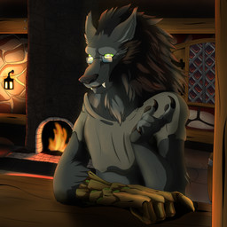 anthro armor bar brown_mane clothed clothed_anthro clothed_male clothing cozy detailed_background eyewear fangs fire fireplace gauntlets glasses gloves glowing glowing_eyes handwear inside lamp looking_at_viewer male male_anthro mane night rectangular_glasses shirt solo tavern teeth three-quarter_view topwear tunic window dexterthederg blizzard_entertainment warcraft canid canine canis mammal werecanid werecreature wolf worgen 1:1 absurd_res digital_media_(artwork) digital_painting_(artwork) half-length_portrait hi_res painting_(artwork) portrait shaded simple_shading
