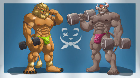 anthro biped briefs bulge clothing detailed_bulge duo erection exercise flexing flexing_bicep genitals horn humanoid_genitalia hypnosis male mind_control muscular muscular_anthro muscular_male muscular_sub nipples nude_anthro nude_male pecs ringed_eyes simple_background slave smile speedo submissive submissive_anthro submissive_male swimwear training underwear weightlifting workout x-zudomon bandai_namco digimon lifewonders tokyo_afterschool_summoners gyumao_(tas) bovid bovine cattle digimon_(species) leomon mammal 16:9 widescreen