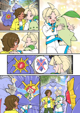 ahoge ambiguous_gender big_breasts blonde_hair blue_eyes blush bodily_fluids bottomwear breasts brown_eyes brown_hair clothing crying dark_body dark_skin eye_contact eyelashes female feral glistening glistening_body grin group hair hug huge_breasts jacket jumping kneeling laugh leaf looking_at_another male motion_lines muscular muscular_female muscular_humanoid open_mouth outside plant purple_body purple_skin sad shaking shirt shocked shorts smile standing sweat tears tears_of_joy topwear tree trembling white_bottomwear white_clothing white_jacket white_shorts white_topwear yellow_clothing yellow_shirt yellow_topwear amano_jack nintendo pokemon pokemon_legends_z-a chikorita generation_1_pokemon generation_2_pokemon generation_9_pokemon human humanoid machoke mammal mega_evolution mega_starmie pokemon_(species) comic pictographics