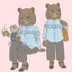 anthro beverage clothed clothing container cup dating drinking_straw duo female footwear high_heels kemono larger_female male shoes size_difference smaller_male ekaki510 badger bear japanese_badger mammal meles mustelid musteline 1:1