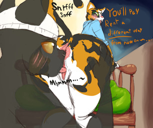 anal anthro anus apartment bartering bent_over big_butt black_body blush bottomless bribery_for_sex butt butt_sniffing chair clothed clothing cunnilingus duo female furniture genitals green_eyes hat headgear headwear heart_eyes heart_symbol inner_labia kneeling kneeling_on_chair long_tail looking_back male male/female multicolored_body nose_to_anus on_chair oral oral_penetration penetration pink_nose presenting presenting_anus presenting_hindquarters prostitution pupils rimming sex slit_pupils sniffing spread_butt spreading tail thick_thighs vaginal vulva white_clothing white_hat white_headwear wide_hips yellow_eyes zrider elias_(the_house) rosa_(the_house) calico_cat domestic_cat felid feline felis mammal 6:5 absurd_res hi_res