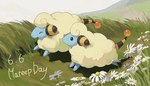 ambiguous_gender cloven_hooves duo eyes_closed feral flower fur grass happy hooves open_mouth plant tail text wool_(fur) yellow_body yellow_fur yellow_wool cuzilla00 mareep_day nintendo pokemon bovid caprine generation_2_pokemon mammal mareep pokemon_(species) 2024 dated english_text hi_res