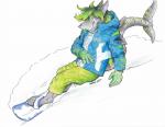 blue_eyes clothing gloves green_hair hair handwear male outside snow snowboard solo sport stripes winter_clothing winter_sports ernor falcore_rigo fish mammal marine requiem_shark shark tiger_shark