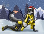 anthro biped breasts camel_toe cleavage clothed clothing female green_eyes hair outside plant sky snow solo tree winter libra-11 wolfrider canid canine canis mammal wolf 2012 digital_media_(artwork)