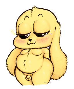 anthro balls big_butt black_eyes black_nose blonde_hair blush blush_lines butt fur genitals hair half-closed_eyes hands_behind_back heart_symbol male moobs narrowed_eyes nude penis simple_background slightly_chubby small_balls small_penis smile solo standing thick_thighs three-quarter_view white_background yellow_body yellow_fur bananapop chikn_nuggit chikn_nuggit_(chikn_nuggit) canid canine canis domestic_dog mammal 2025 digital_media_(artwork) hi_res