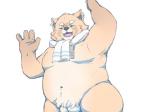 anthro balls belly eyes_closed genitals humanoid_hands male moobs navel overweight overweight_anthro overweight_male scarf simple_background solo white_background inunoshippo tera_online mammal popori 2019 4:3