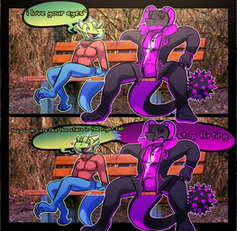 3_toes anthro ball bench black_body black_scales black_sclera blue_body blue_scales claws clothing clubbed_tail comical dialogue duo feet female flirting green_body green_scales horn jacket male male/female multicolored_body multicolored_scales partners purple_eyes purple_horn relaxing scales scar sitting spikes spikes_(anatomy) sweater tail toes topwear weapon_tail suchlambada17 mythology neeco neeco_neecoola dragon mythological_creature mythological_scalie scalie unknown_species
