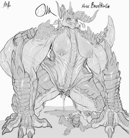 animal_genitalia bestiality bodily_fluids breasts bulge cloaca duo egg female feral genital_fluids genitals larger_female larger_feral male nipples non-mammal_breasts non-mammal_nipples size_difference smaller_human smaller_male text vaginal_fluids vein veiny_breasts vulva dryadex fallout microsoft deathclaw human lizard mammal reptile scalie hi_res monochrome
