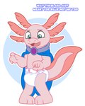 anthro clean_diaper clothed clothing diaper embarrassed male pink_body pink_skin simple_background solo standing tail text wearing_diaper kibacpup billie_bust_up aristotle_(billie_bust_up) amphibian axolotl marine mole_salamander salamander 4:5 digital_media_(artwork) english_text hi_res