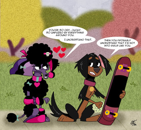 black_body black_fur black_nose brown_body brown_fur collar female feral fur heart_symbol holding_skateboard male multicolored_body multicolored_fur pink_collar pink_inner_ear purple_body purple_skin speech_bubble text toony two_tone_body two_tone_fur unclescooter 101_dalmatian_street 101_dalmatians disney fan_character juday_(cartooncross) portia_(101_dalmatian_street) canid canine canis domestic_dog mammal mixed_breed poodle english_text hi_res