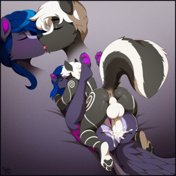 anal anal_penetration anthro anus balls big_penis birthmark black_body black_fur black_nose black_pawpads black_tail blue_hair bodily_fluids cum cum_in_ass cum_inside duo erection eyes_closed female female_penetrated fluffy fluffy_tail from_front_position fur fur_markings genital_fluids genitals hair humanoid_genitalia humanoid_penis inner_ear_fluff kiss_on_lips lying male male/female male_on_top male_penetrating male_penetrating_female markings missionary_position multicolored_body multicolored_fur multicolored_tail on_back on_top pawpads penetration penile penile_penetration penis penis_in_ass purple_anus purple_inner_ear_fluff purple_pawpads purple_vulva romantic romantic_couple sex simple_background skull_and_crossbones tail tuft vulva white_anus white_body white_fur white_hair white_penis white_tail marblesoda erforf_mephit shalya_bushtail mammal mephitid skunk striped_skunk 1:1 2025 hi_res signature