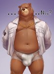 anthro balls_outline barazoku belly big_bulge brown_body brown_fur bulge chain_necklace clothed clothing detailed_bulge erection erection_under_clothing eye_scar facial_scar front_view fur genital_outline genitals hands_behind_back jacket jewelry looking_at_viewer male manly musclegut muscular neck_tuft necklace nipples open_clothing open_jacket open_topwear overweight overweight_male penis penis_outline pose scar shirtless sideways-pointing_bulge solo standing text topwear translucent translucent_clothing translucent_underwear tuft underwear highpups mihoyo zenless_zone_zero ben_bigger bear mammal 2024 absurd_res english_text hi_res pinup portrait three-quarter_portrait