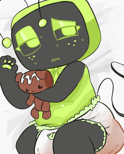 clothed clothing diaper electronics feces hug hugging_object hugging_plushie plushie soiled_diaper soiling tail television unclean_diaper used_diaper using_diaper wearing_diaper white_diaper peeweepeew blushcrunch_studio dandy's_world vee_(dandy's_world) hi_res