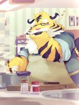 anthro apron blush clothing cooking detailed_background eyes_closed eyewear glasses inside kemono kitchen kitchen_utensils male musical_note musical_symbol overweight overweight_male shirt solo steam symbol tools topwear yellow_body toomiro felid mammal pantherine tiger 2024 3:4 hi_res