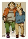 anthro bottomwear brown_body brown_fur clothing duo fur hug kemono male male/male overweight overweight_male pants shirt text topwear yuzpoco canid canine canis domestic_dog mammal 2016 hi_res japanese_text