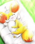 ambiguous_gender blush blush_lines eyes_closed feral fur hug hugging_object hugging_pillow inner_ear_fluff lying on_pillow on_side open_mouth orange_body orange_fur pawpads paws pillow sleeping solo tongue tuft yellow_body yellow_fur eiroru nintendo pokemon canid canine fennekin generation_6_pokemon mammal pokemon_(species) 2023 hi_res