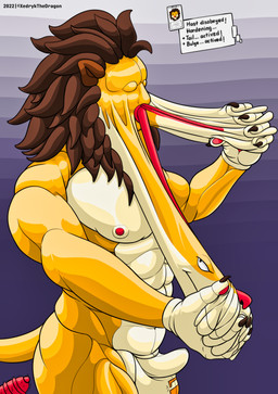 anthro chastity_bulge chastity_device clothing forced forced_transformation goo_transformation latex lock lock_bulge lock_symbol male mask resisting solo struggling stuck suit toysuit transformation xedrykthedragon felid humanoid lion mammal pantherine absurd_res hi_res