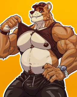 anthro areola aroused aroused_face aroused_male aroused_smile athlete athletic_wear barazoku baseball_cap bedroom_eyes belly belly_hair biceps big_belly big_bulge big_muscles big_pecs black_baseball_cap black_bottomwear black_clothing black_hat black_headwear black_pants black_shirt black_tank_top black_topwear body_hair bottomwear brown_body brown_chest_hair brown_fur bulge chest_hair chest_tuft claws clock clothing clothing_pull cocky cocky_grin deltoids drawstring drawstring_bottomwear drawstring_clothing drawstring_pants exercise_clothes exercise_clothing exposed_chest eyebrows fangs flexing flexing_bicep flexing_both_biceps flexing_muscles flexing_pecs flirting flirting_look flirting_with_viewer forearm_muscles fur grin grinning_at_viewer gym_bottomwear gym_bro gym_topwear happy_trail hat headgear headwear inviting inviting_to_sex jock jogging_pants male manly musclegut muscular muscular_anthro muscular_arms muscular_male muscular_thighs narrowed_eyes nipples offering_sex offering_to_viewer orange_background pants pecs pose presenting presenting_body presenting_pecs pube_peek pubes seducing_viewer seductive shirt shirt_pull shirt_pulled_up showing_off_muscles simple_background smile smiling_at_viewer smirk smirking_at_viewer solo standing tank_top teeth thick_arms thick_eyebrows thick_thighs topwear topwear_pull trapezius triceps tuft vein veiny_muscles watch white_body white_fur workout_clothing workout_outfit wristwatch simonsbathtub bear mammal ursine hi_res