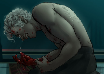 blood bodily_fluids clothed clothing crying hair humanoid_pointy_ears kneeling male nipples not_furry pointy_ears scar solo tears topless white_hair badassassassin baldur's_gate baldur's_gate_3 bioware dungeons_and_dragons electronic_arts hasbro larian_studios wizards_of_the_coast astarion_(baldur's_gate) elf humanoid vampire hi_res