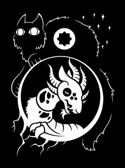 ambiguous_gender black_background cat_tail cheek_tuft clawed_hooves cloven_hooves cracks duo facial_hair facial_tuft feral feralized front_view fur fur_tuft goatee hooves horizontal_pupils horn multi_horn paws pointy_ears prick_ears pupils quadruped sharp_teeth silhouette simple_background symbol teeth three-quarter_view tuft sunnyclockwork night_in_the_woods black_goat_(nitw) mae_borowski bovid caprine domestic_cat felid feline felis goat mammal 2017 black_and_white digital_drawing_(artwork) digital_media_(artwork) hi_res monochrome