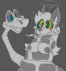 anthro big_breasts blush breast_squish breasts coiling coiling_around_body dazed duo female feral hair hypnosis hypnotic_eyes long_hair male male/female mind_control restrained scales smile squeezing squish pansagge the_jungle_book kaa_(jungle_book) mia_(pansagge) canid canine fox mammal python reptile scalie snake 2026 digital_drawing_(artwork) digital_media_(artwork) microsoft_paint_(artwork) monochrome