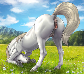 animal_genitalia animal_vulva anus ass_up blue_sky brown_eyes clitoris equine_anus equine_genitalia equine_vulva female female_feral feral gaping gaping_vagina genitals grass looking_at_viewer mane mountain mouth_closed outside plant puffy_anus sky solo tail tan_mane tan_tail teats tree vulva white_body rufciu equid equine horse mammal 2024 dated hi_res signature