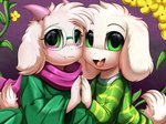 anthro clothing duo flower fur horn male multicolored_eyes open_mouth pattern_clothing plant scarf smile striped_clothing stripes white_body white_fur pridark deltarune undertale undertale_(series) asriel_dreemurr ralsei boss_monster_(undertale) bovid caprine darkner goat mammal 2020 absurd_res crossover hi_res