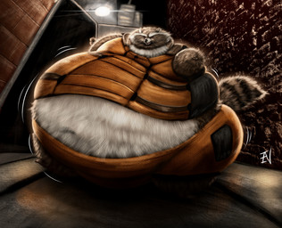 alley anthro belly big_belly big_cheeks bloated chubby_cheeks clothed clothing fangs fur immobile inflation jumpsuit looking_at_viewer male markings morbidly_obese morbidly_obese_anthro morbidly_obese_male motion_lines obese obese_anthro obese_male open_mouth overweight overweight_anthro overweight_male ring_(marking) ringed_tail shortstack smile smiling_at_viewer solo street_lamp striped_markings striped_tail stripes tail tail_markings teeth tongue ian-exe guardians_of_the_galaxy marvel rocket_raccoon mammal procyonid raccoon 2023 hi_res signature