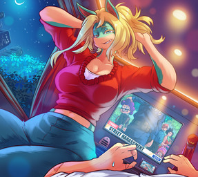 anthro arm_scar arrested big_breasts blonde_hair blue_bottomwear blue_clothing blue_pants bodily_fluids bottomwear breasts cleavage clothed clothing denim denim_bottomwear denim_clothing duo dutch_angle electronics eyewear female female_focus first_person_view green_body grin hair human_pov jeans long_hair looking_at_viewer male male_pov midriff moon neonate night pants police red_clothing red_shirt red_topwear scar shirt smile sunglasses sweat television text thick_thighs topwear white_clothing white_shirt white_topwear young vlizz my_hero_academia wcdonald's ippan_josei izuku_midoriya minoru_mineta momo_yaoyorozu ochaco_uraraka todoroki_shouto human mammal quirked_human_(my_hero_academia) absurd_res english_text hi_res