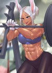 abs big_breasts blush bodily_fluids breasts clothed clothing female hair long_hair looking_at_viewer muscular muscular_female muscular_humanoid simple_background smile solo white_hair zanzagen my_hero_academia rumi_usagiyama animal_humanoid humanoid lagomorph lagomorph_humanoid leporid_humanoid mammal mammal_humanoid rabbit_humanoid absurd_res digital_media_(artwork) hi_res