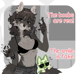 ambiguous_gender anthro biped bottomwear bra breasts cigarette claws clothed clothed_anthro clothed_female clothing countershade_torso countershading duo eyewear female feral fingers front_view fur glasses hair looking_at_viewer multiple_cigarettes navel pants smile smoke smoking standing tail teeth underwear raccoattack nintendo pokemon racc_(raccoattack) generation_9_pokemon mammal pokemon_(species) procyonid raccoon sprigatito 2026 digital_drawing_(artwork) digital_media_(artwork) hi_res