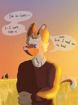anthro bodily_fluids brown_body brown_clothing brown_fur brown_topwear clothing crying dialogue fur holding_arm light love male open_mouth outside shirt sobbing solo standing sunlight sunset tan_body tan_fur tears text topwear whiskers white_clothing white_shirt white_topwear burritortilla richard_lim domestic_cat felid feline felis mammal english_text