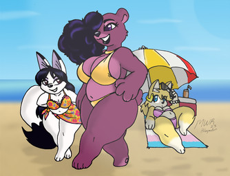3_toes 4_fingers 4_toes anthro barefoot beach beach_towel bikini biped black_hair blonde_hair blue_sky clothing cooler curvy_figure day eyewear feet female female_anthro fingers floral_print fur group hair happy holding_eyewear holding_object holding_sunglasses larger_anthro larger_female lips lying on_back parasol purple_body purple_eyes purple_fur purple_hair sand size_difference sky smaller_anthro smaller_female sunglasses swimwear thick_lips thick_thighs toes towel trio two-piece_swimsuit voluptuous voluptuous_anthro voluptuous_female walking white_body white_fur yellow_bikini yellow_clothing yellow_swimwear blayaden jasmine_(awd) sam_(blayaden) sugarberry_(character) arctic_fox bear canid canine felid feline fox mammal true_fox 2023 colored