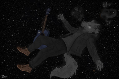 anthro black_body black_fur bottomwear clothing electronics floating fog footwear fur guitar_pick headgear headphones headset jacket male musical_note musical_symbol pants shoes solo space star symbol topwear white_eyes kamihzz kami_(kamihzz) canid canine canis mammal wolf absurd_res hi_res huge_filesize
