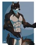 5_fingers abs anthro biceps black_nose blue_background blue_eyes body_hair brown_body brown_fur brown_hair bulge chest_hair chest_tuft claws clothed clothing fangs fingers fur grin hair looking_at_viewer male muscular muscular_anthro muscular_male muscular_thighs pecs sabertooth_(anatomy) simple_background smile solo standing teeth topless tuft underwear white_body white_fur white_skin feralise canid canine canis mammal wolf 2018 4:5