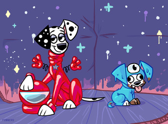 black_ears black_nose black_spots blue_clothing blue_suit clothing dirty duo feral fur heterochromatic_ears male red_clothing red_helmet red_suit space_helmet spots suit tongue tongue_out toony white_body white_fur white_spots fossero 101_dalmatian_street 101_dalmatians among_us disney innersloth diesel_(101_dalmatians) dylan_(101_dalmatians) canid canine canis dalmatian domestic_dog mammal absurd_res hi_res