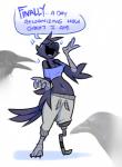 amputee anthro avian bird black_body black_feathers breasts cleavage clothed clothing corvid corvus_(genus) crow disability feathers female harley_(pixylbyte) midriff navel non-mammal_breasts oscine passerine pixylbyte prosthetic prosthetic_leg prosthetic_limb solo