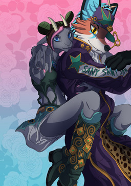 anthro carrying_another carrying_partner duo female femboy flower gesture hand_gesture horn male piggyback plant pointing pose rose_(flower) wings sanythefox jojo's_bizarre_adventure stone_ocean jolyne_cujoh jotaro_kujo rose_(rosethegoat) sany_van_fox bovid caprine goat lagomorph mammal wolpertinger absurd_res digital_media_(artwork) hi_res
