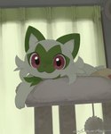 :3 ambiguous_gender big_eyes cat_tree feral fur green_body green_fur looking_at_viewer lying on_front pink_eyes solo text white_body white_fur olyester nintendo pokemon generation_9_pokemon pokemon_(species) sprigatito 2025 artist_name
