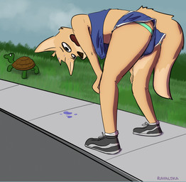 anthro bodily_fluids clothing footwear hunched_over jockstrap male shoes sidewalk solo sweat sweatdrop tired underwear ravalska rav_alska canid canine fox mammal hi_res