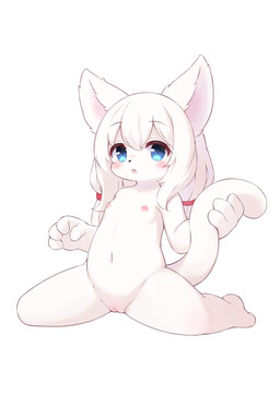 anthro blue_eyes blush casual_nudity eyebrow_through_hair eyebrows feet female flat_chested front_view fur genitals hair holding_tail looking_at_viewer navel nipples nude simple_background sitting solo spread_legs spreading tail translucent translucent_hair vulva white_background white_body white_fur white_hair young young_anthro young_female matsuura felid feline mammal 2025 colored portrait shaded
