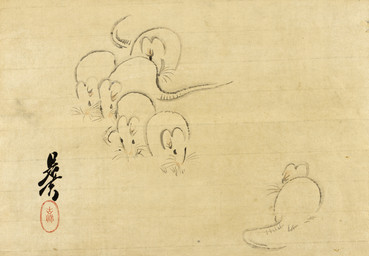 ambiguous_feral ambiguous_gender dot_eyes feral group hairless_tail high-angle_view quadruped round_ears simple_background simple_eyes snout tail text whiskers shibata_zeshin public_domain mammal murid murine rat rodent 19th_century absurd_res ancient_art hi_res japanese_text traditional_media_(artwork) translation_request