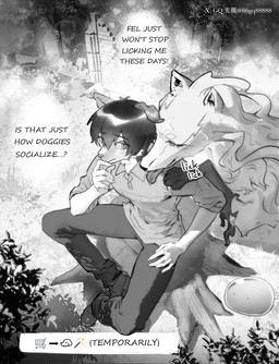 anthro blush blush_lines bottomwear clothing duo feral floppy_ears footwear grass hair hand_on_chin holding_shoulder leaf licking looking_at_another male outside pants paws plant ruins shadow shirt shoes short_hair sitting text thinking thought_bubble tongue tongue_out topwear tree tree_stump 66_gq campfire_cooking_in_another_world_with_my_absurd_skill mythology fel_(fenrir) mukoda_tsuyoshi sui_(slime) canid canine canis domestic_dog humanoid mammal mythological_canine mythological_creature wolf digital_drawing_(artwork) digital_media_(artwork) hi_res monochrome signature