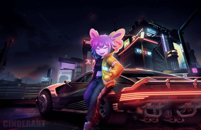 anthro bottomwear breasts car cartoon_freckles city clothing cyberpunk eyelashes female footwear freckled_face freckles futuristic hair jacket long_eyelashes midriff neon neon_lights night night_city pants pink_body pink_eyes pink_hair shirt shoes smile sneakers solo topwear vehicle cinderart cd_projekt_red cyberpunk_2077 vitzy_(vitzypie) amphibian aquatic axolotl mole_salamander salamander absurd_res digital_media_(artwork) hi_res