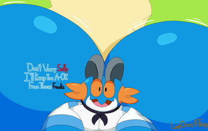 anthro big_butt butt clothing huge_butt kerchief lifted looking_at_viewer male neckerchief neckwear shirt simple_background solo text topwear luigidoesathing nintendo pokemon slippy_(luigidoesathing) generation_3_pokemon pokemon_(species) swampert absurd_res hi_res